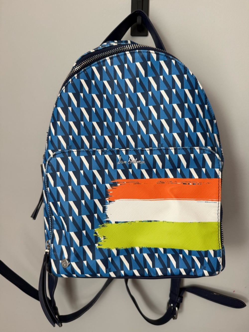 Sam Edelman Gabrina Blue Geometric Mini Backpack with Orange, White & Lime